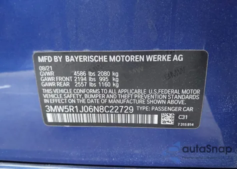 2022 BMW 330I из США, поврежденный, VIN 3MW5R1J06N8C22729